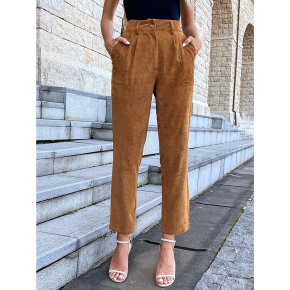 High Waist Slant Pocket Corduroy Pants brown tan fall straight leg - Picture 5 of 7